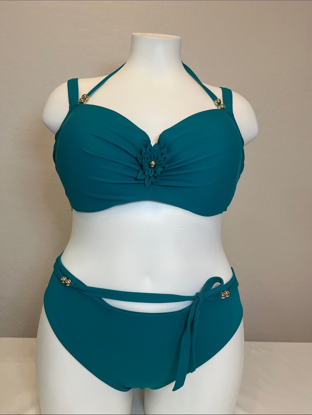 Teal Halter Floral Accent Bikini Set - Women Swim